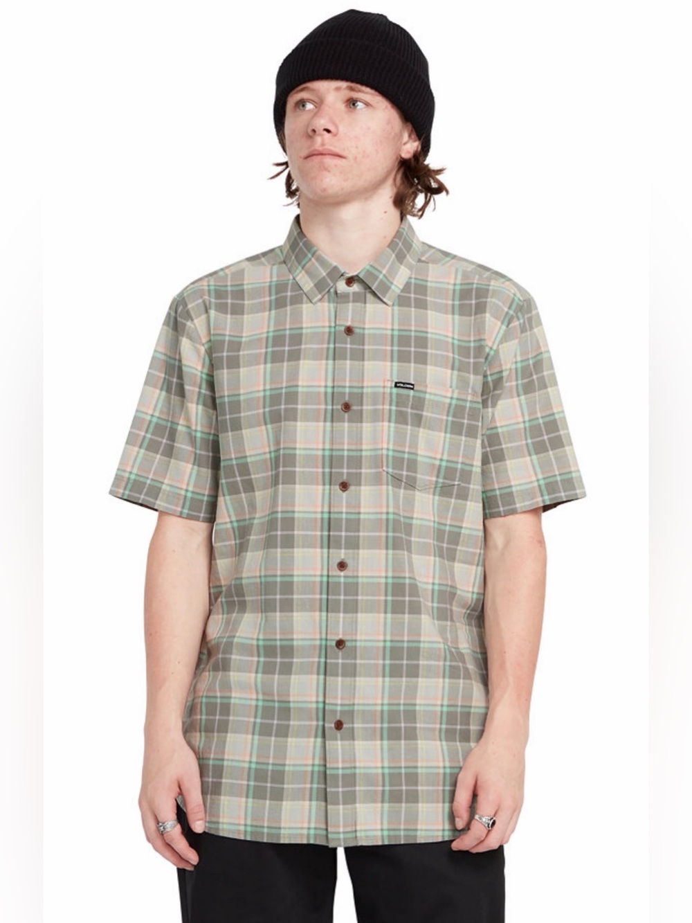 NWT Volcom Benson Plaid Short Sleeve Button Up Shirt Gray Pastel M